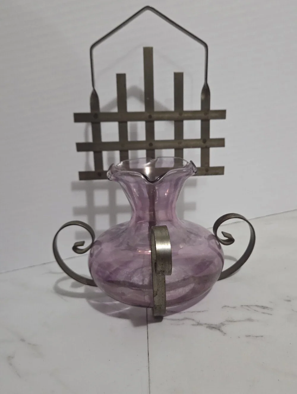 Vintage Amethyst Art Glass Wall Piece With Steel Scroll Wall Mount - 10x7.5